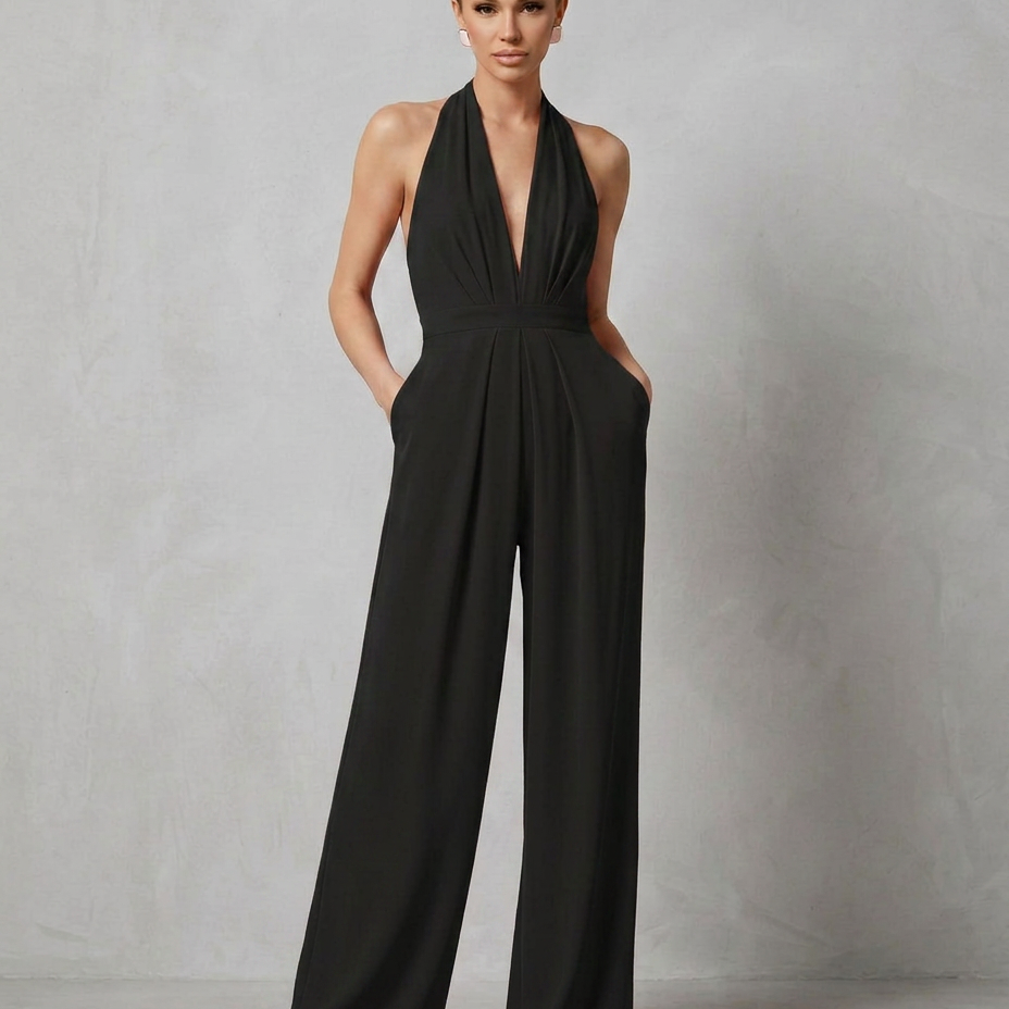 Women's Backless Halter Wide-Leg Crepe Jumpsuit