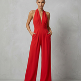 Women's Backless Halter Wide-Leg Crepe Jumpsuit