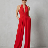 Women's Backless Halter Wide-Leg Crepe Jumpsuit