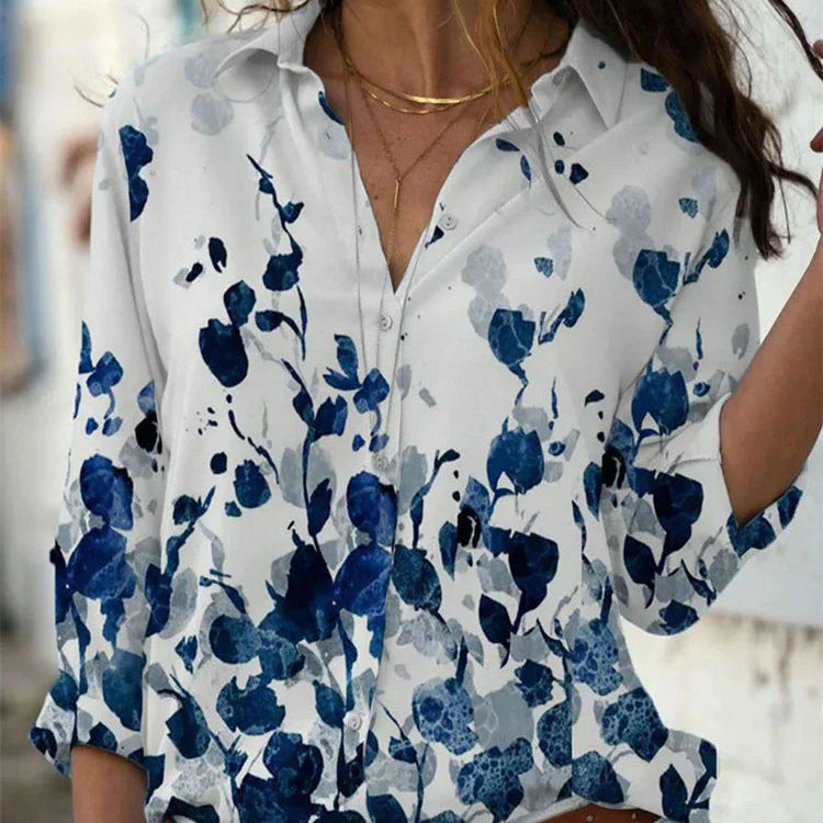Printed V-Neck Long Sleeve Blouse