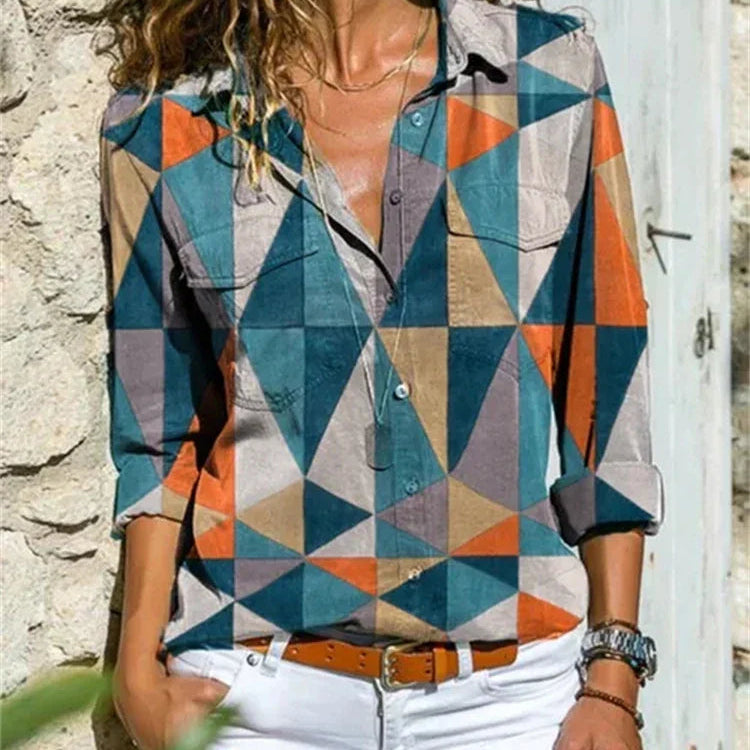 Printed V-Neck Long Sleeve Blouse