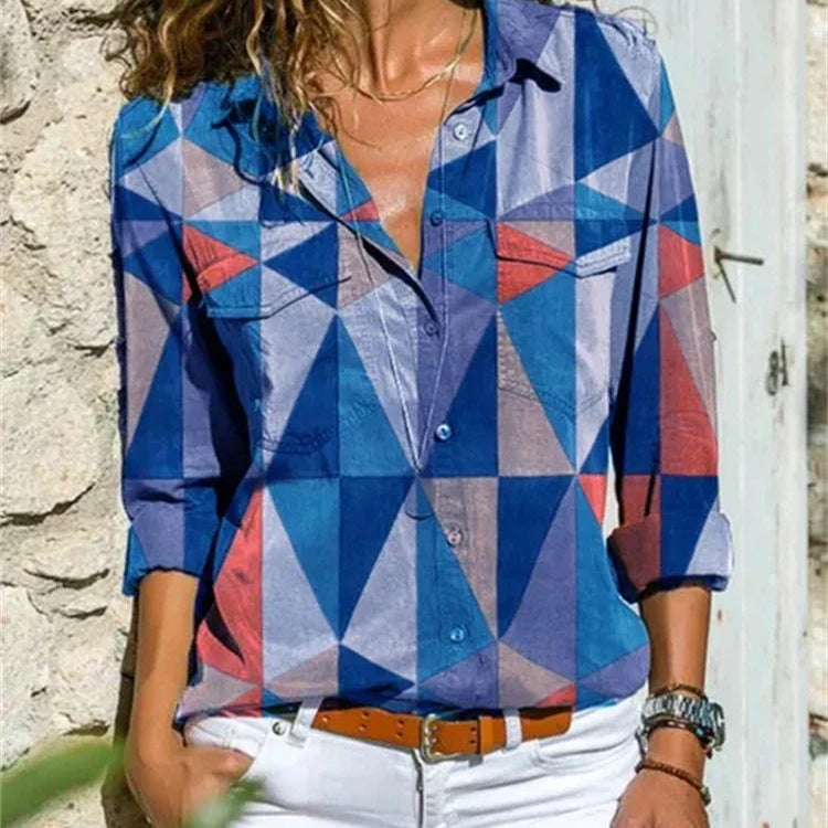 Printed V-Neck Long Sleeve Blouse