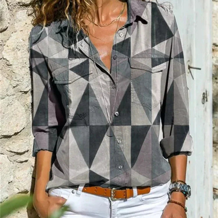 Printed V-Neck Long Sleeve Blouse