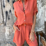 Button Front Short Sleeve Shirt and Shorts Set
