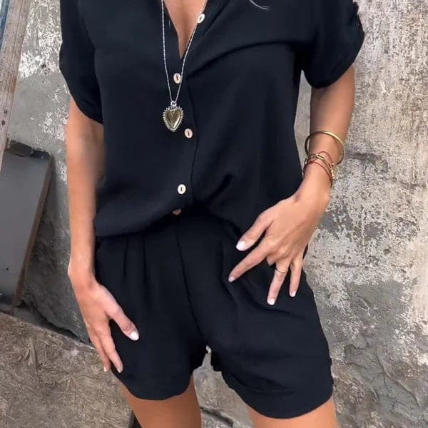 Button Front Short Sleeve Shirt and Shorts Set