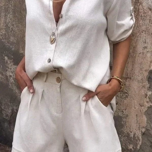 Button Front Short Sleeve Shirt and Shorts Set