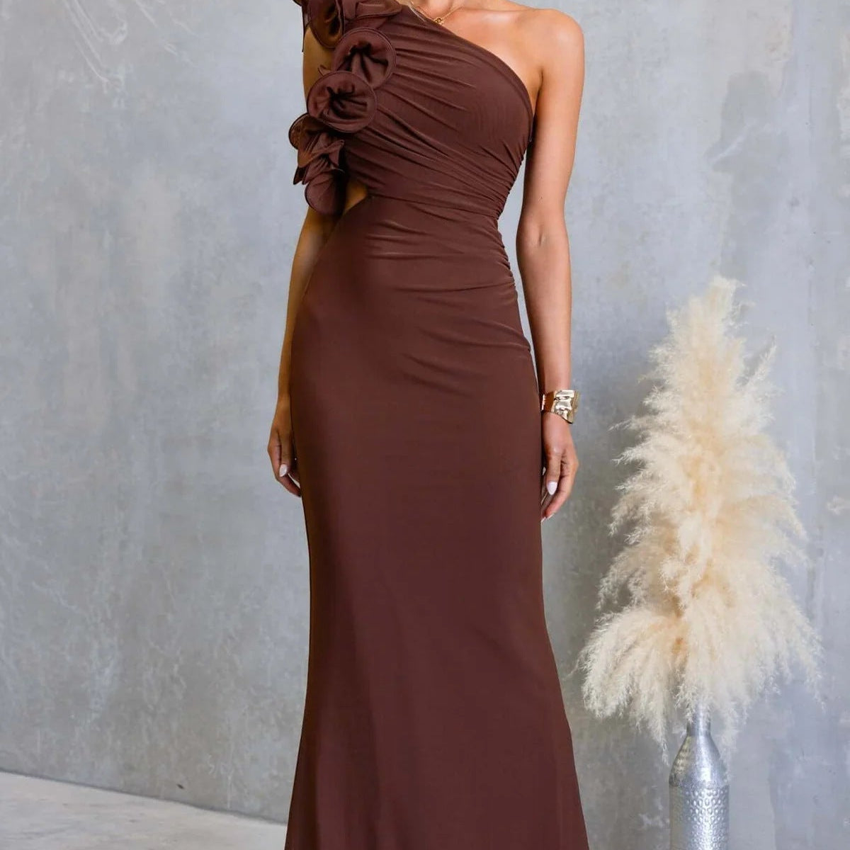 Women's One-Shoulder Ruffled Fitted Maxi Dress