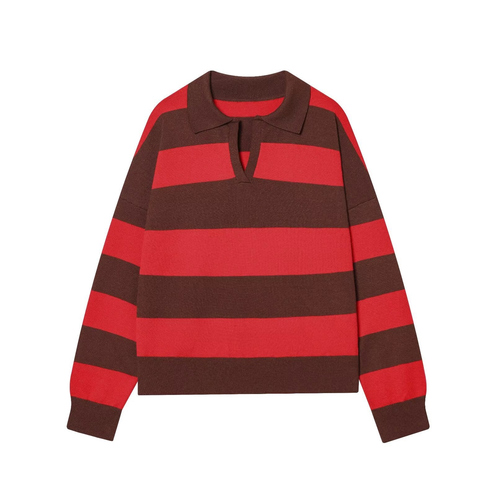 Women Striped Knit Polo Sweater Casual Relaxed Fit