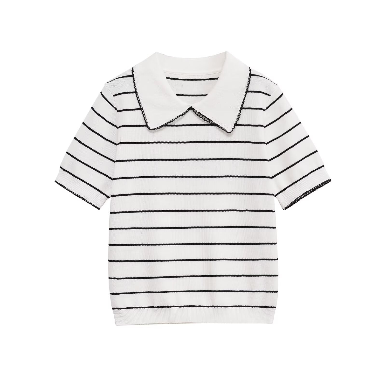 Women Contrast Collar Knit Polo Top Elegant Short Sleeve