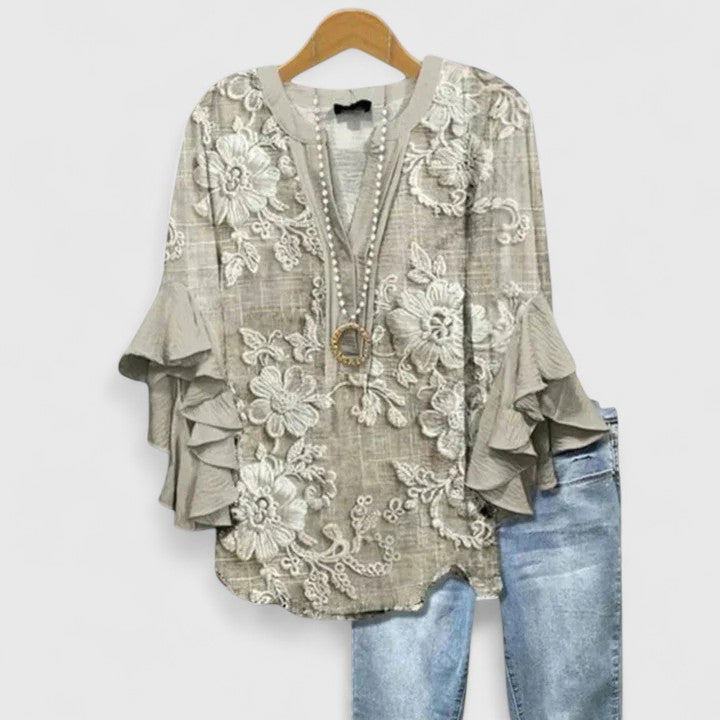 Bohemian Floral Ruffle Sleeve Blouse