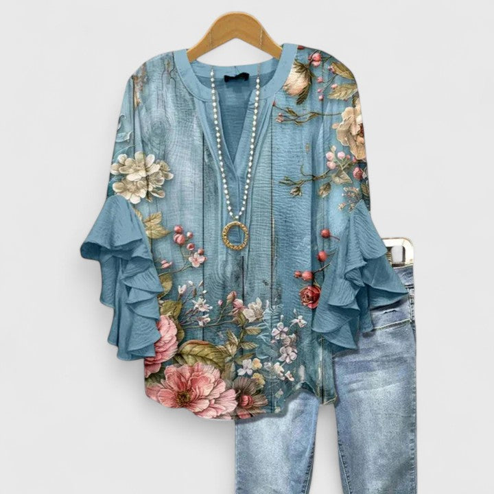 Bohemian Floral Ruffle Sleeve Blouse