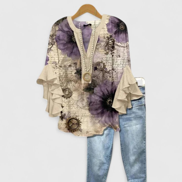 Bohemian Floral Ruffle Sleeve Blouse