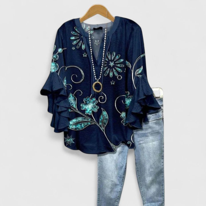Bohemian Floral Ruffle Sleeve Blouse
