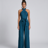 Women's Cross Halter Wide-Leg Linen Blend Jumpsuit