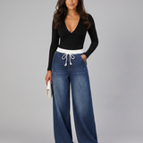 Women's Wide-Leg Drawstring Waist Blue Jeans