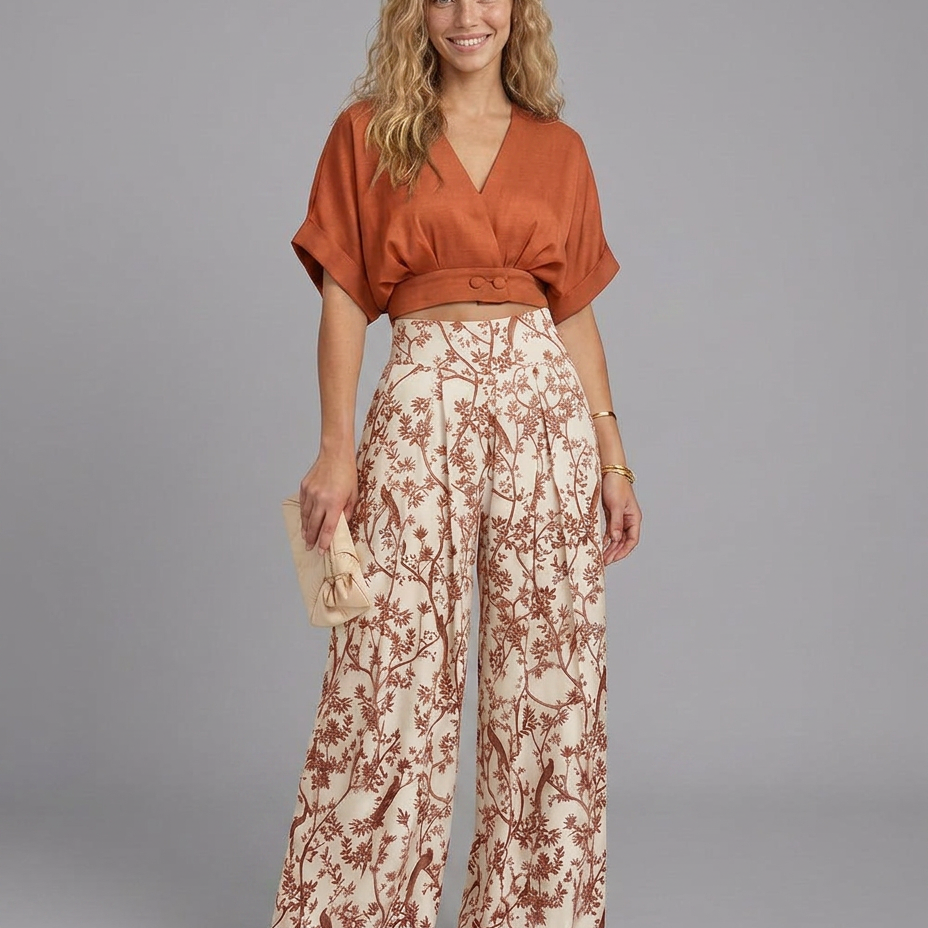 Women's Cropped V-Neck Top and Wide-Leg Trouser Set