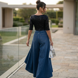 Women's High-Waisted Wide-Leg Draped Denim Jeans