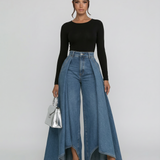 Women's High-Waisted Wide-Leg Draped Denim Jeans