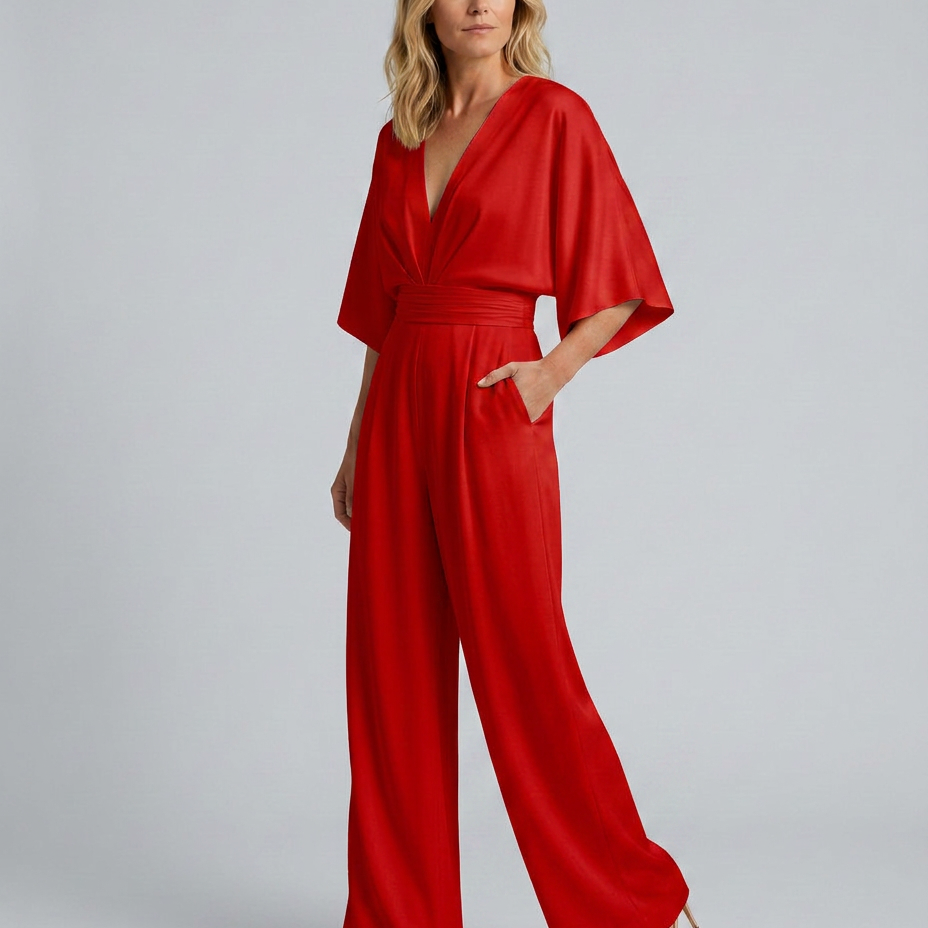 Women's Wide-Leg V-Neck Short-Sleeve Jumpsuit