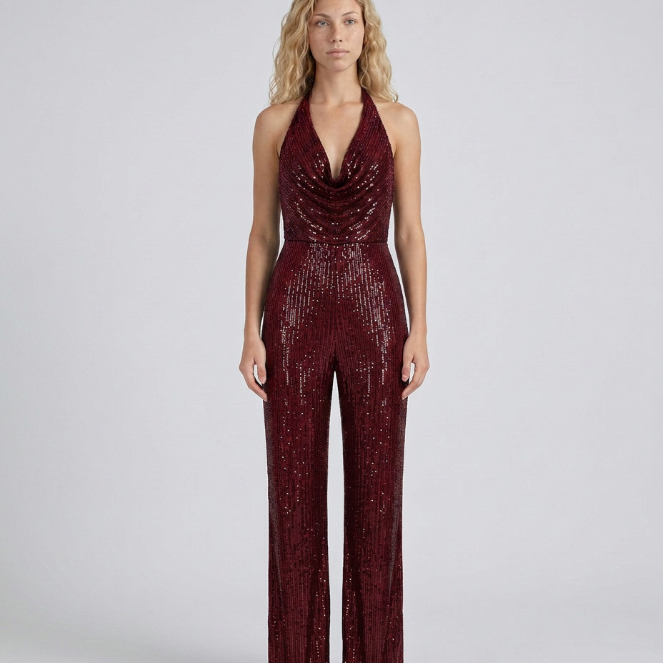 Women's Sequin Halter Neck Wide-Leg Jumpsuit