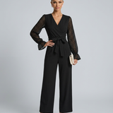 Women's Wrap V-Neck Wide-Leg Sheer Sleeve Jumpsuit