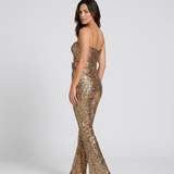 Women's Sequin Sweetheart Belted Flared Jumpsuit