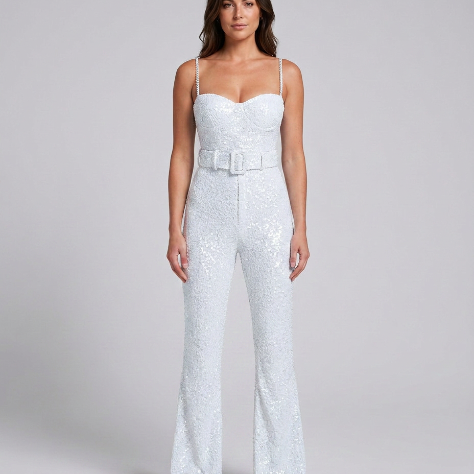 Women's Sequin Sweetheart Belted Flared Jumpsuit