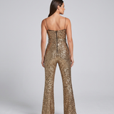 Women's Sequin Sweetheart Belted Flared Jumpsuit