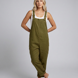 Women's Linen-Blend Wide-Leg Dungaree Jumpsuit