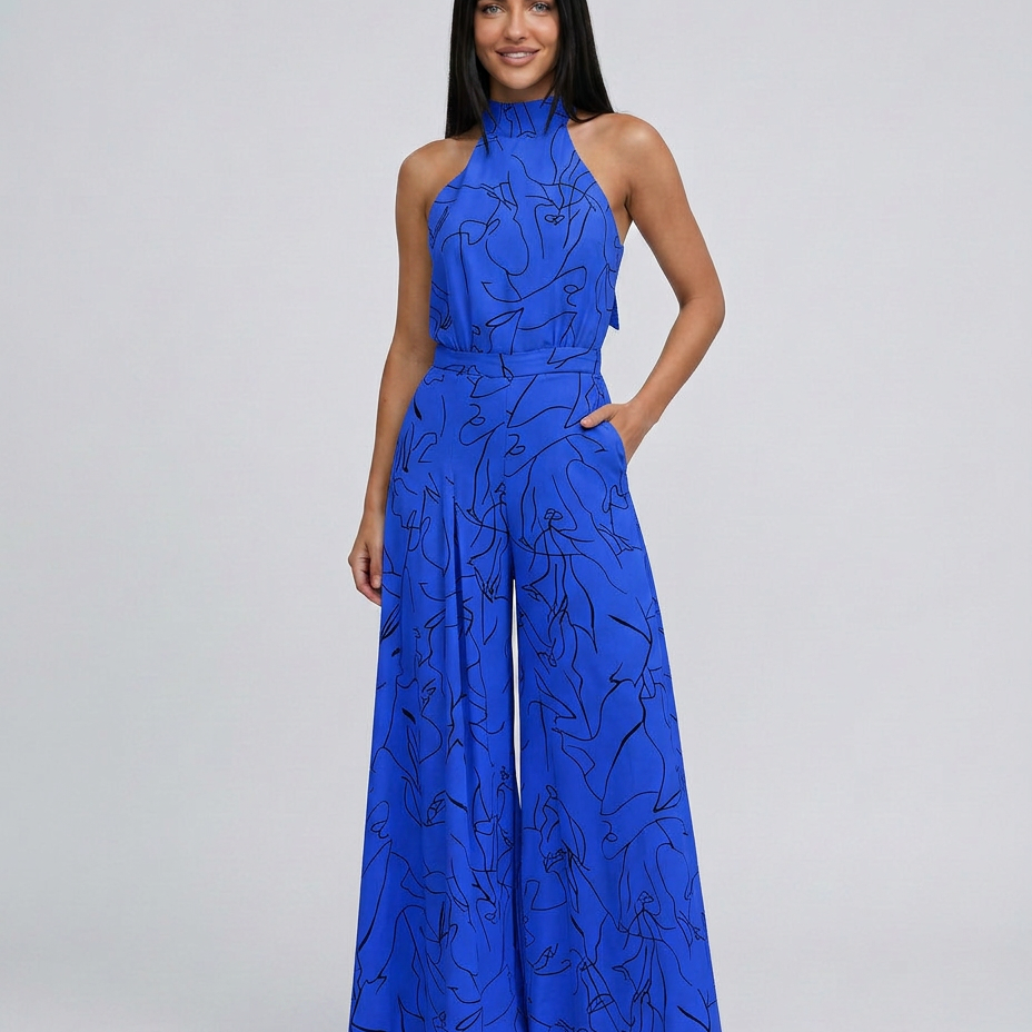 Printed Wide-Leg Jumpsuit with Halter Neck