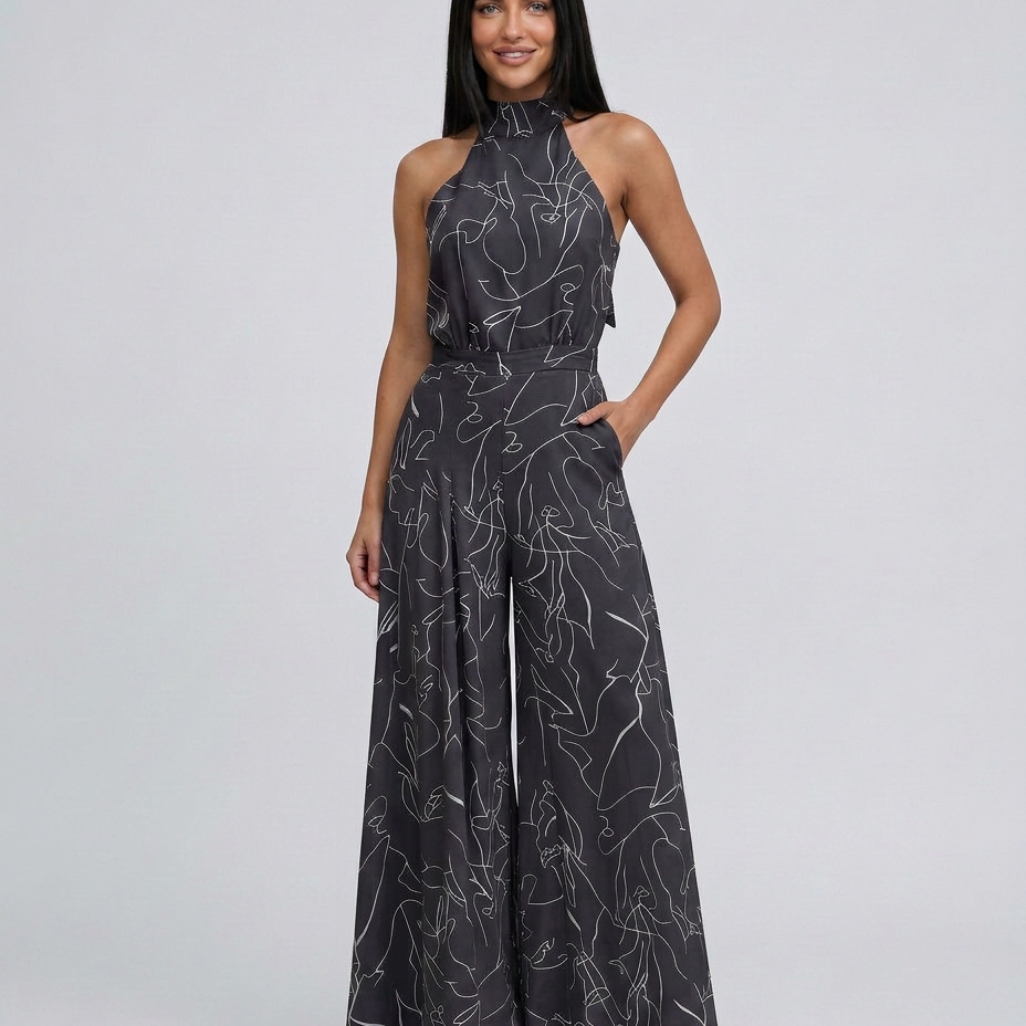 Printed Wide-Leg Jumpsuit with Halter Neck