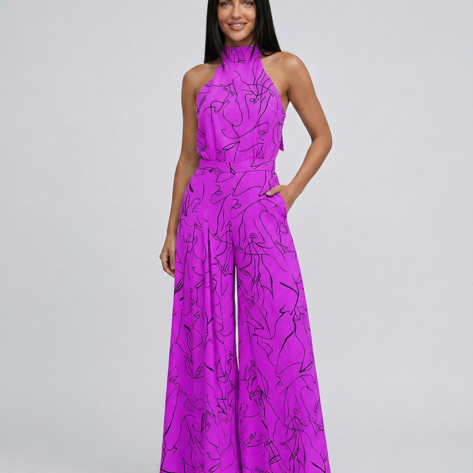 Printed Wide-Leg Jumpsuit with Halter Neck