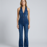 Women's Sleeveless Halter Denim Flare-Leg Jumpsuit