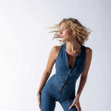 Women's Sleeveless Denim Jumpsuit with Heart Back