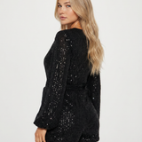 Women's Sequin Wrap-Front Long Sleeve Playsuit