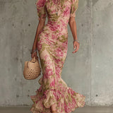 Floral Ruffle Hem Mermaid Maxi Dress