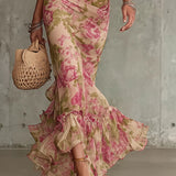 Floral Ruffle Hem Mermaid Maxi Dress