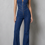 Women's Sleeveless Zip-Front Stretch Denim Jumpsuit
