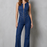 Women's Sleeveless Zip-Front Stretch Denim Jumpsuit