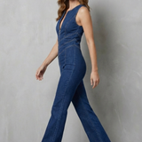 Women's Sleeveless Zip-Front Stretch Denim Jumpsuit
