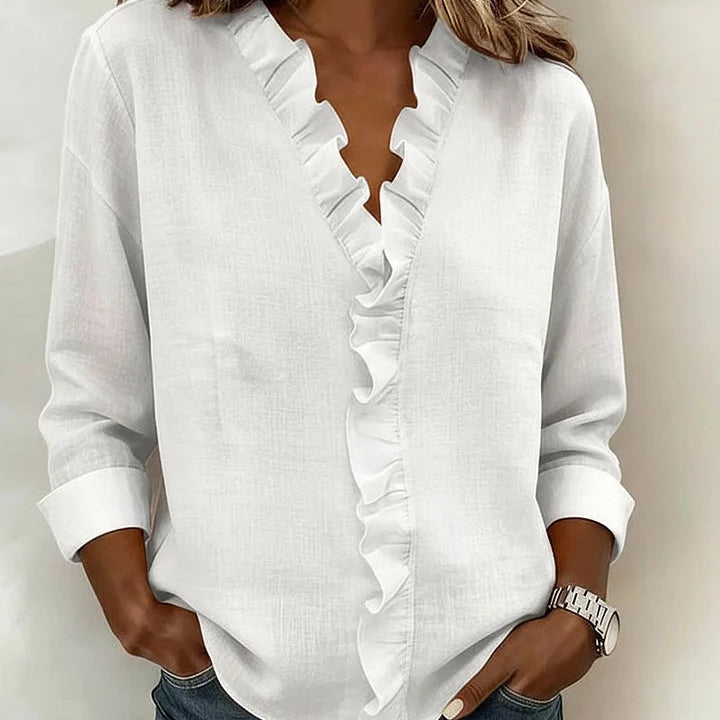 Ruffle V-Neck Long Sleeve Blouse