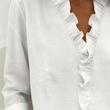 Ruffle V-Neck Long Sleeve Blouse