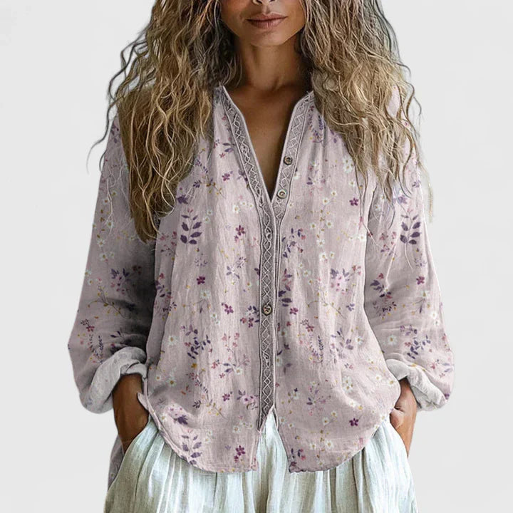 Bohemian Botanical Print Zip Front Blouse