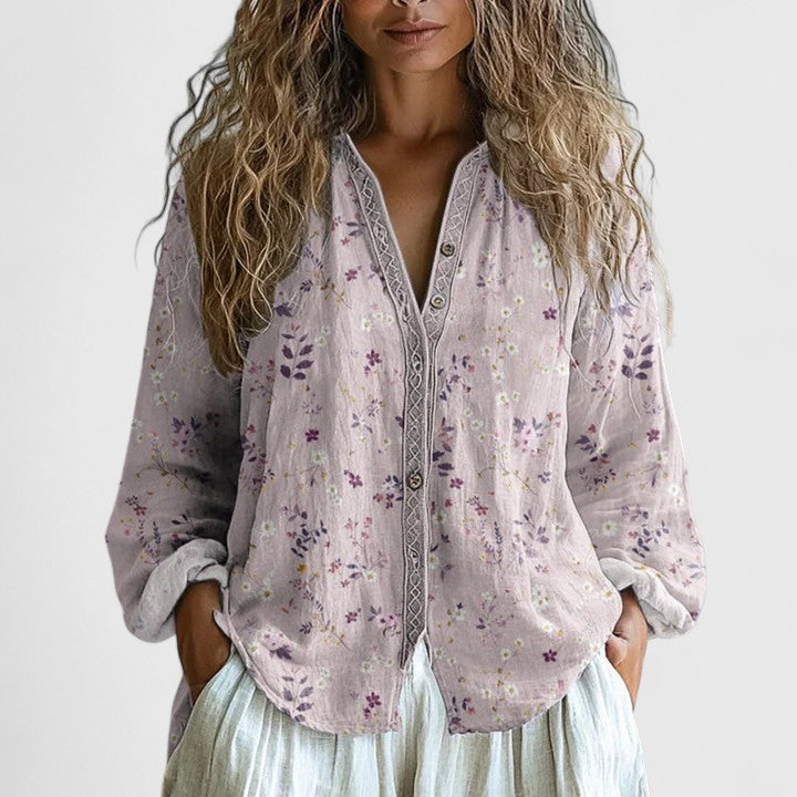 Bohemian Botanical Print Zip Front Blouse