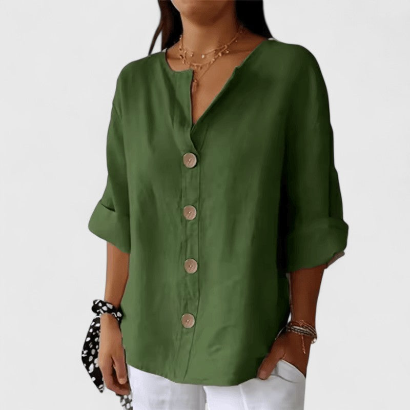 Relaxed Button Front Linen Blend Blouse