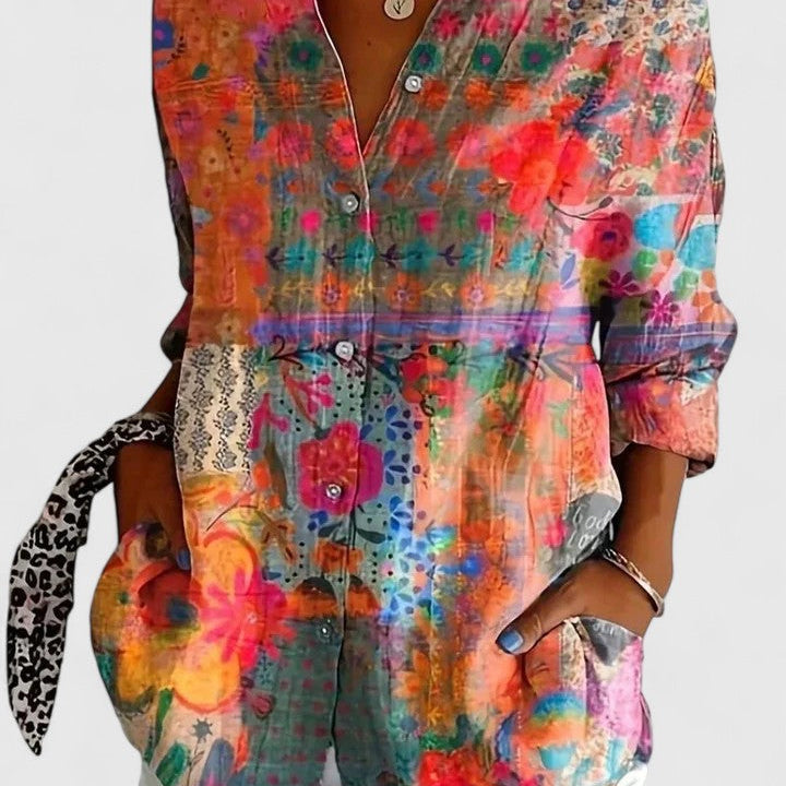 Abstract Print Button Front Blouse