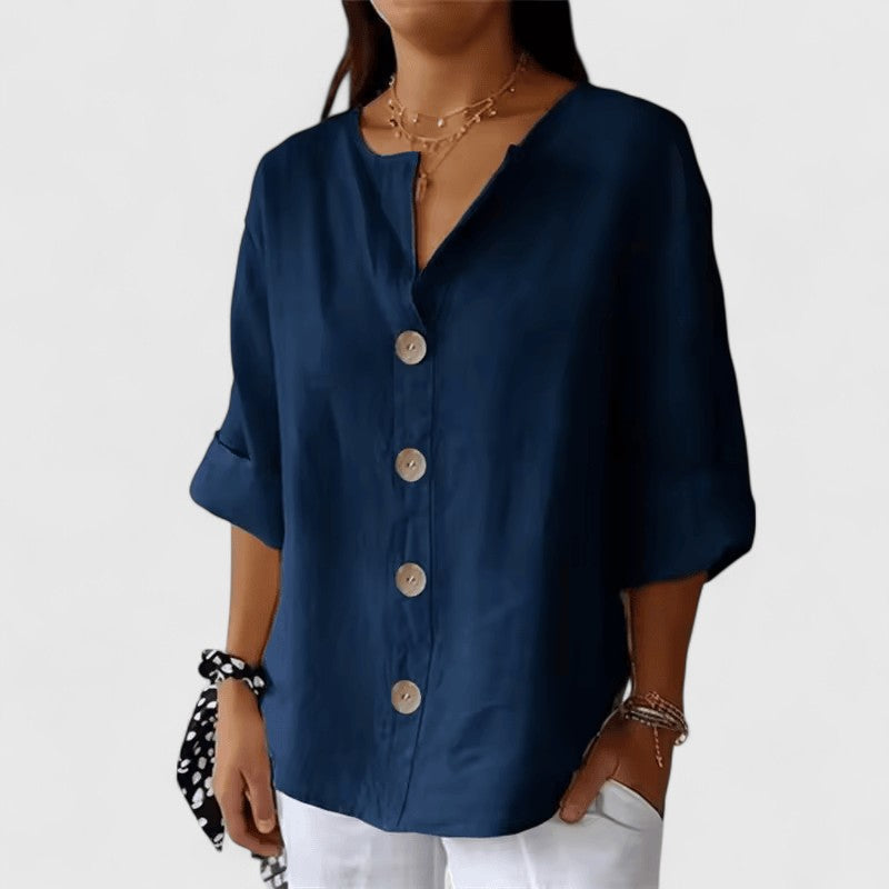 Relaxed Button Front Linen Blend Blouse