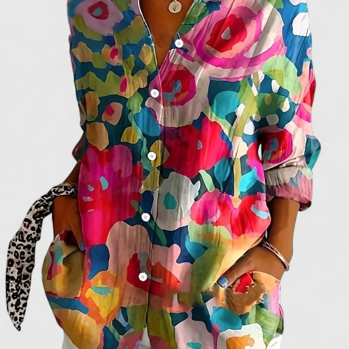 Abstract Print Button Front Blouse