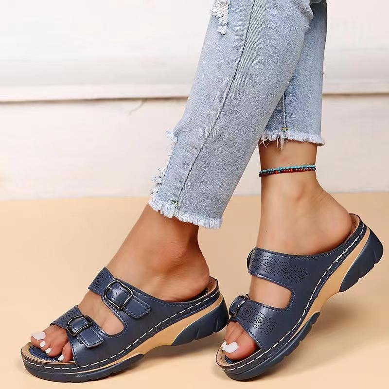 Double Buckle Platform Slide Sandals