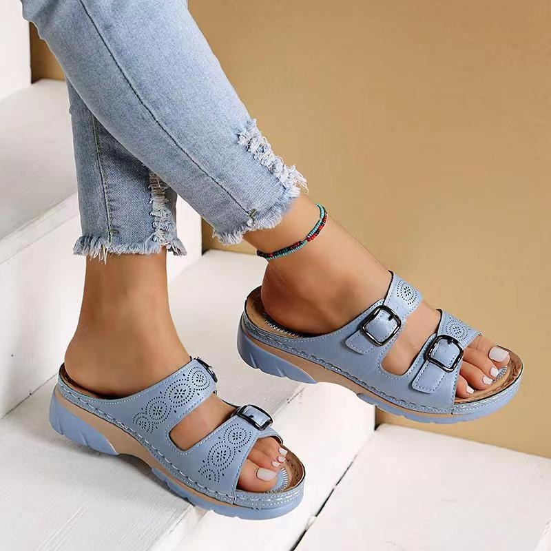Double Buckle Platform Slide Sandals